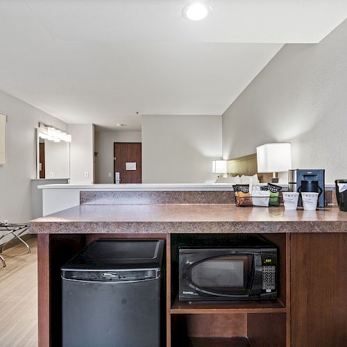 The image shows a hotel room setup with a mini-fridge, microwave, coffee maker, lamps, TV, luggage stand, and wall art.