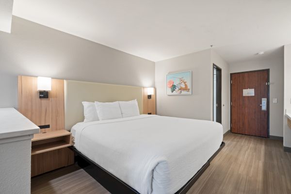 A modern hotel room features a large bed with white linens, wooden headboard, wall art, bedside lamps, and a door leading to a bathroom.